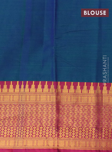 Narayanpet cotton saree dual shade of bluish green and magenta pink with plain body and long zari woven border