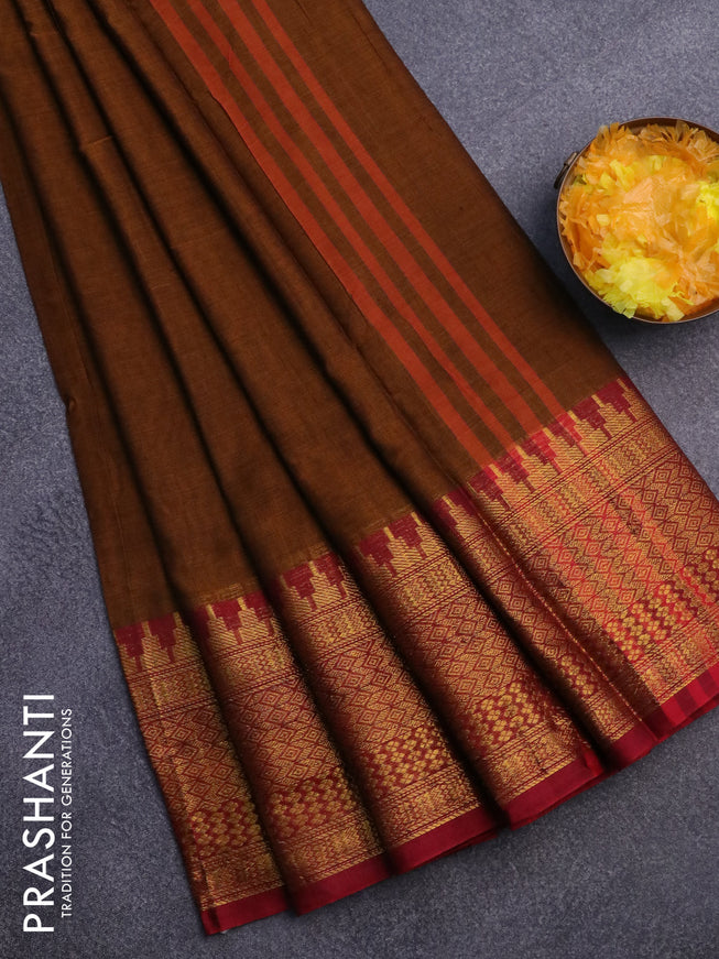 Narayanpet cotton saree dark mustard and maroon with plain body and long zari woven border