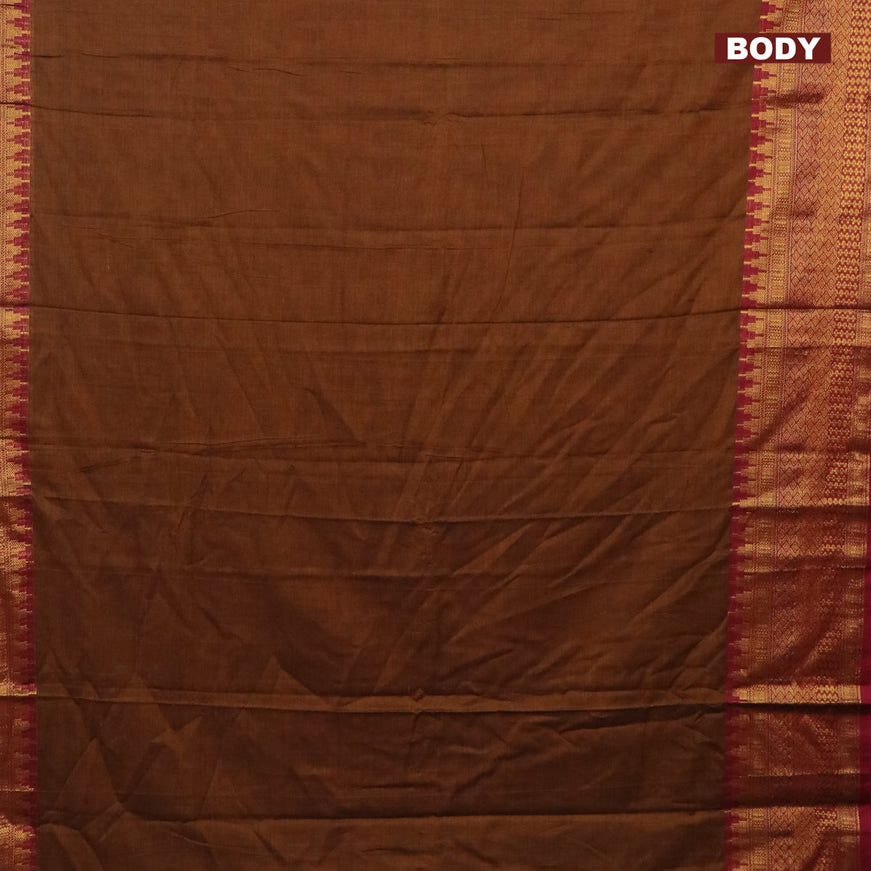 Narayanpet cotton saree dark mustard and maroon with plain body and long zari woven border