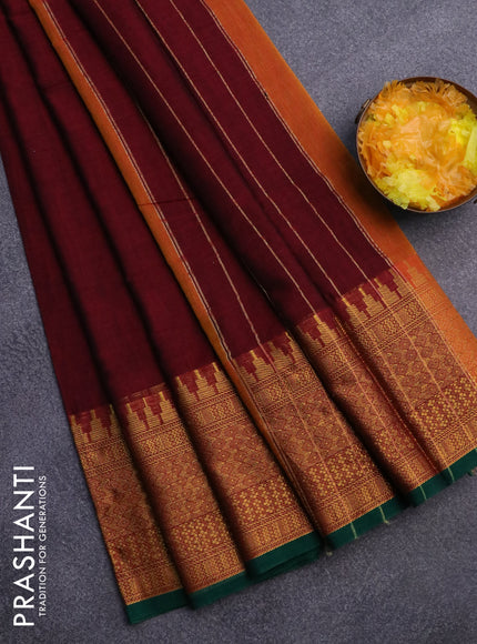 Narayanpet cotton saree maroon and green with plain body and long zari woven border