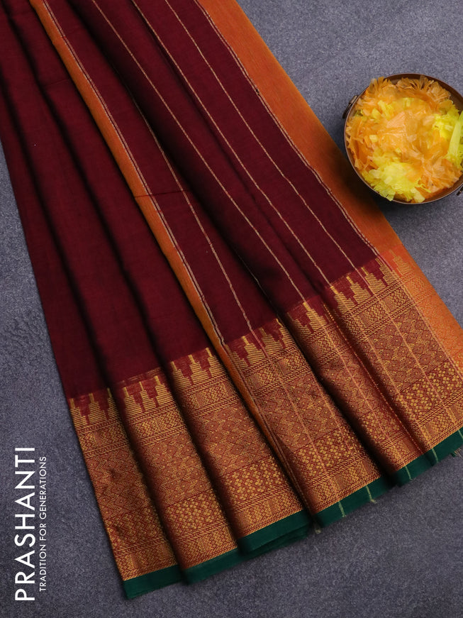 Narayanpet cotton saree maroon and green with plain body and long zari woven border