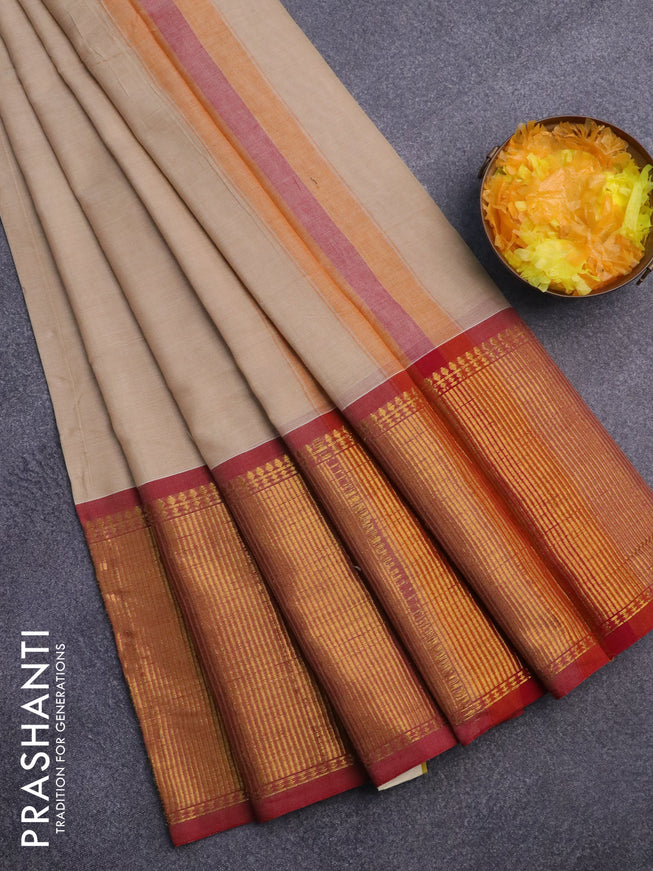 Narayanpet cotton saree cream and red with plain body and long zari woven border