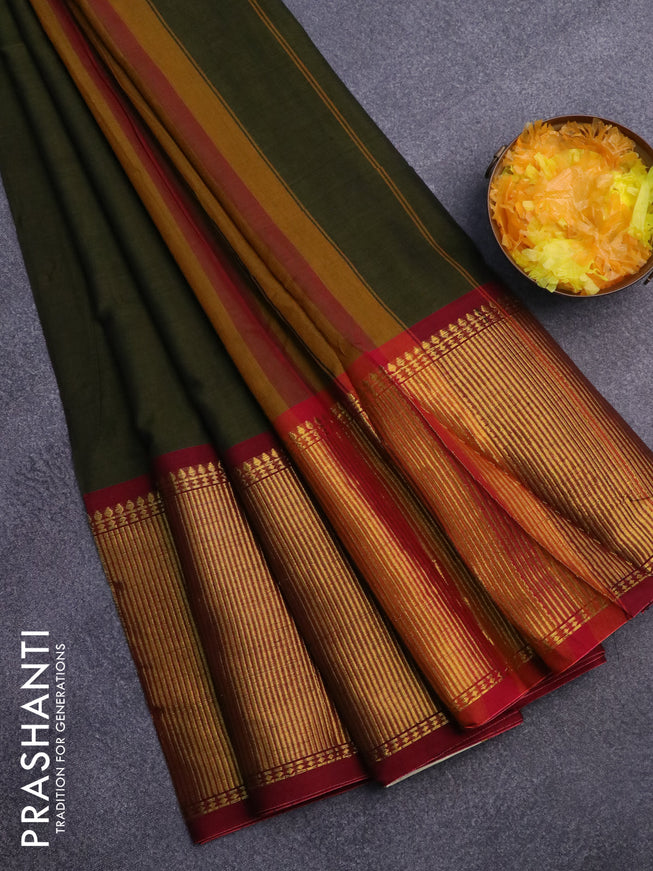 Narayanpet cotton saree sap green and maroon with plain body and long zari woven border