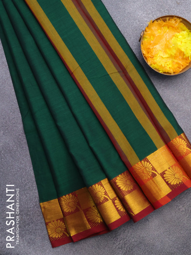 Narayanpet cotton saree green and maroon with plain body and zari woven floral border