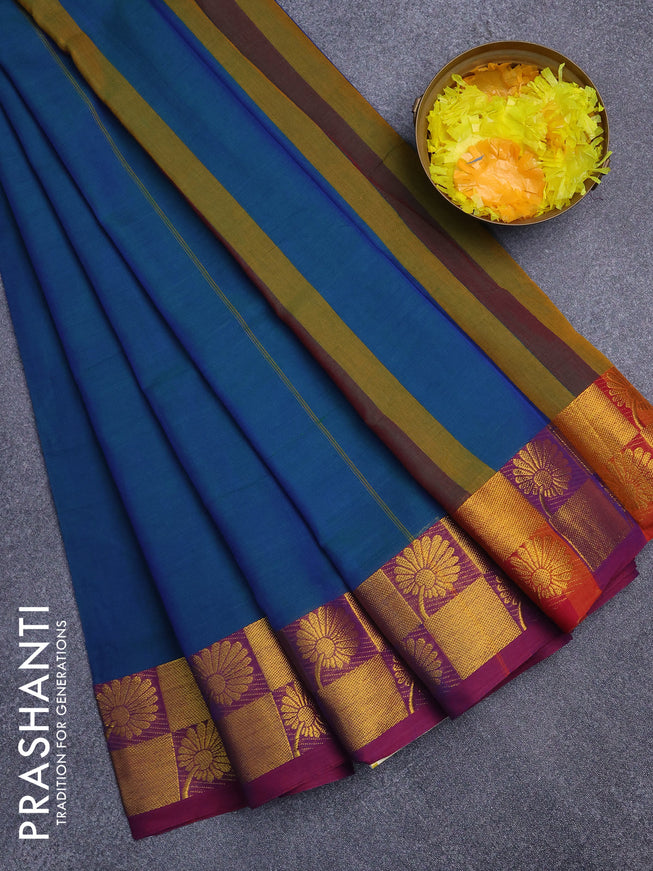 Narayanpet cotton saree dual shade of bluish green and magenta pink with plain body and zari woven floral border