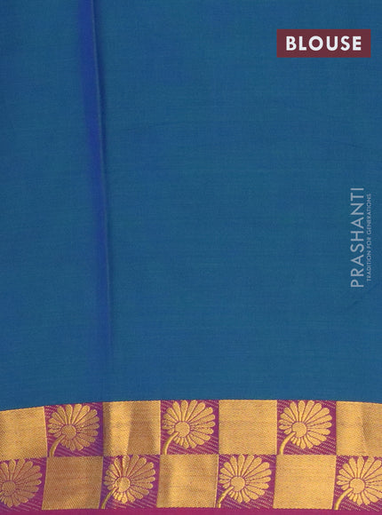 Narayanpet cotton saree dual shade of bluish green and magenta pink with plain body and zari woven floral border