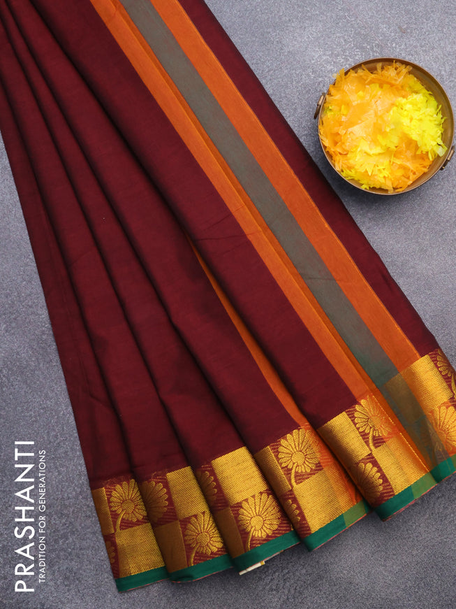 Narayanpet cotton saree maroon and green with plain body and zari woven floral border