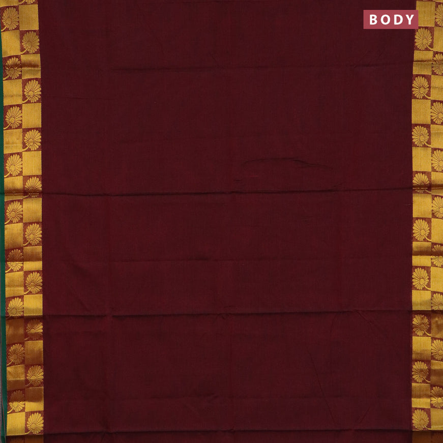 Narayanpet cotton saree maroon and green with plain body and zari woven floral border