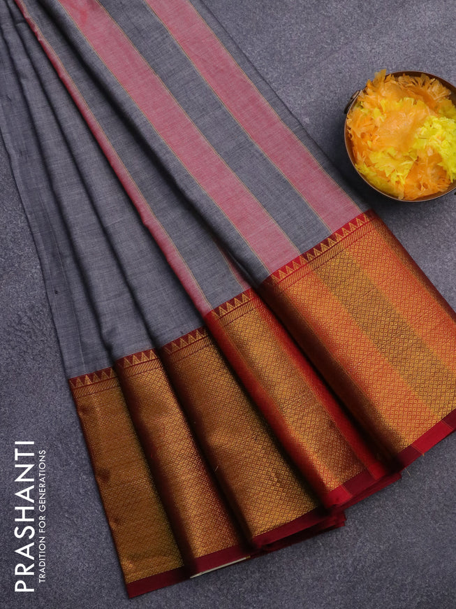 Narayanpet cotton saree grey and maroon with plain body and long zari woven border