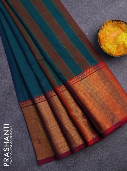 Narayanpet cotton saree dual shade of green and magenta pink with plain body and long zari woven border