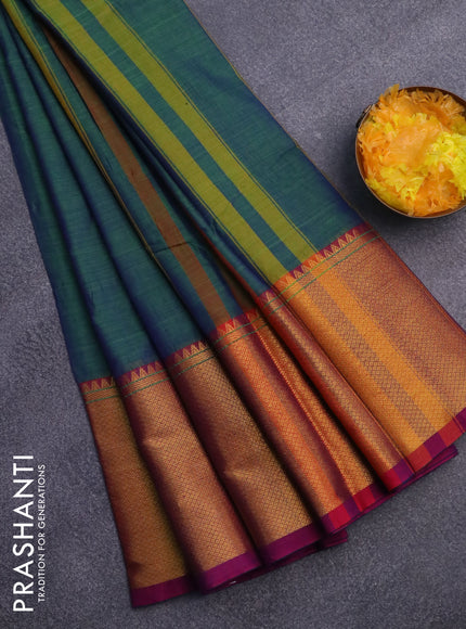 Narayanpet cotton saree dual shade of bluish green and purple with plain body and long zari woven border