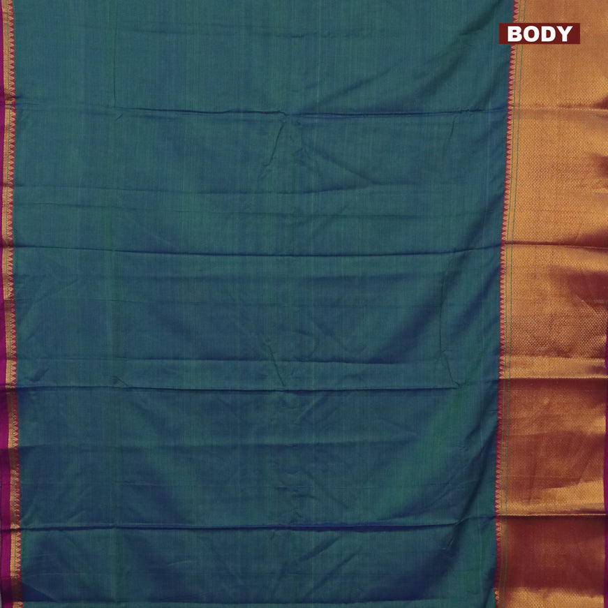 Narayanpet cotton saree dual shade of bluish green and purple with plain body and long zari woven border