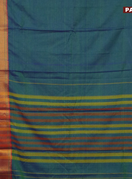 Narayanpet cotton saree dual shade of bluish green and purple with plain body and long zari woven border