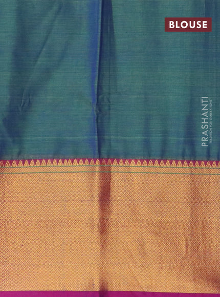 Narayanpet cotton saree dual shade of bluish green and purple with plain body and long zari woven border