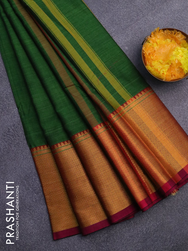 Narayanpet cotton saree green and magenta pink with plain body and long zari woven border