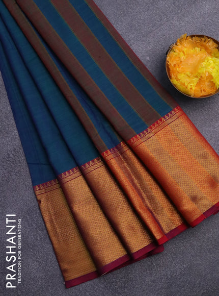 Narayanpet cotton saree dual shade of bluish green and magenta pink with plain body and long zari woven border