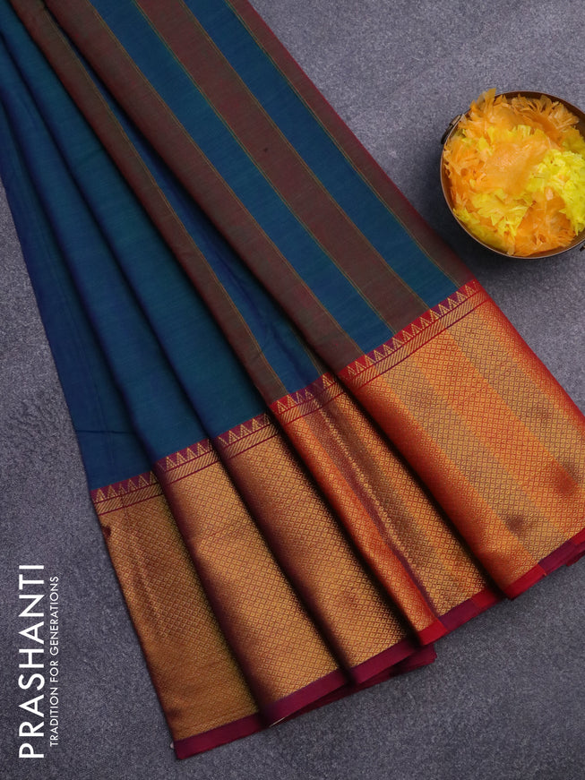 Narayanpet cotton saree dual shade of bluish green and magenta pink with plain body and long zari woven border