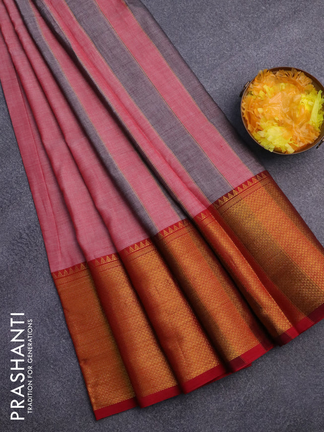 Narayanpet cotton saree pink shade and red with plain body and long zari woven border