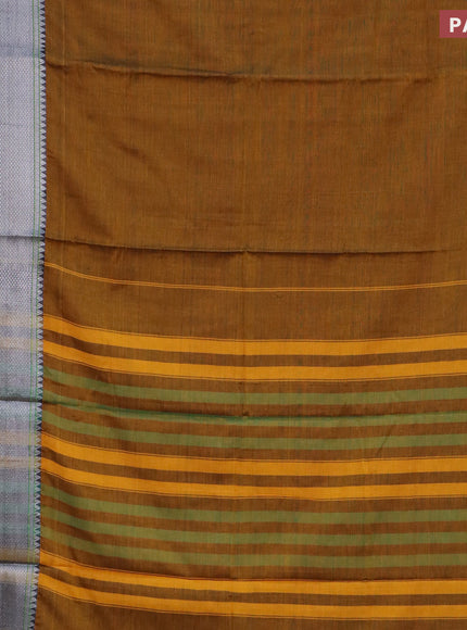 Narayanpet cotton saree mustard yellow and green with plain body and silver zari woven border