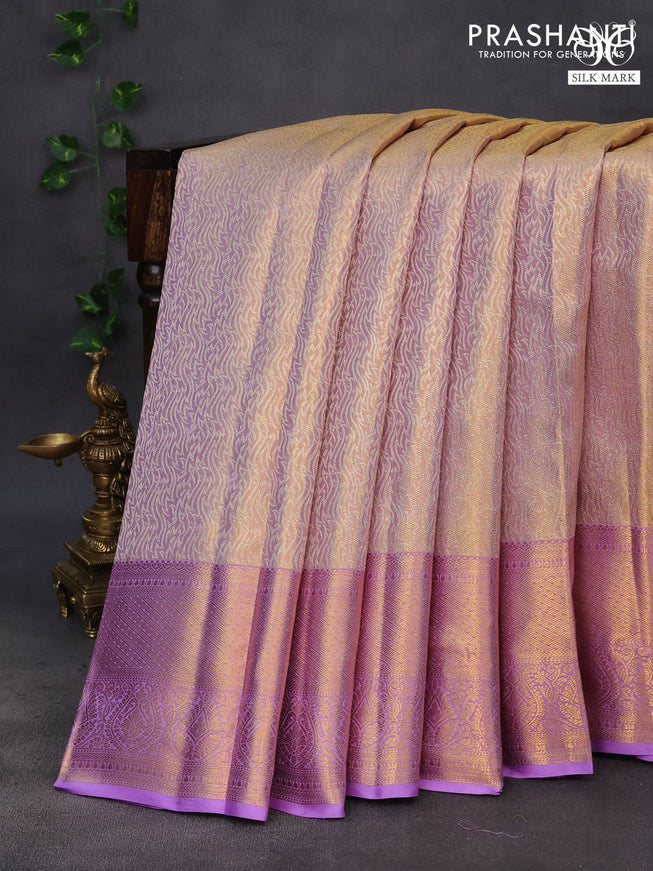 Pure kanchipuram tissue silk saree dual shade of gold and lavender with allover silver zari woven brocade weaves and zari woven border