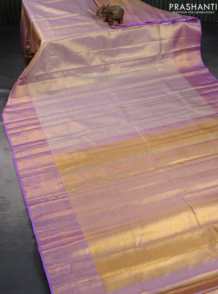 Pure kanchipuram tissue silk saree dual shade of gold and lavender with allover silver zari woven brocade weaves and zari woven border