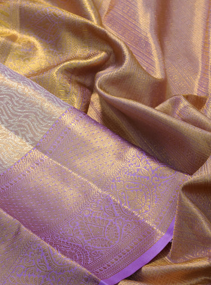 Pure kanchipuram tissue silk saree dual shade of gold and lavender with allover silver zari woven brocade weaves and zari woven border