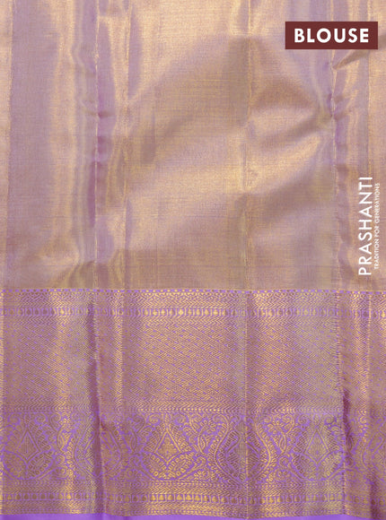 Pure kanchipuram tissue silk saree dual shade of gold and lavender with allover silver zari woven brocade weaves and zari woven border