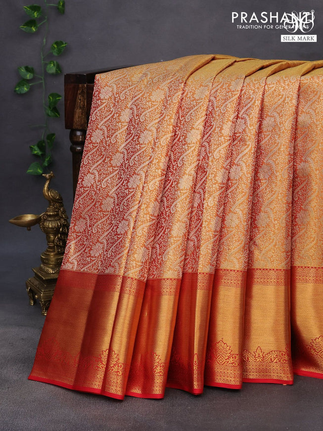 Pure kanchipuram tissue silk saree dual shade of gold and red with allover silver zari woven brocade weaves and long zari woven border