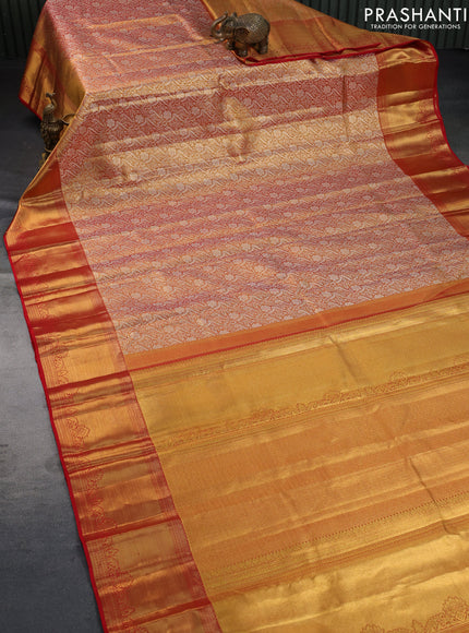 Pure kanchipuram tissue silk saree dual shade of gold and red with allover silver zari woven brocade weaves and long zari woven border