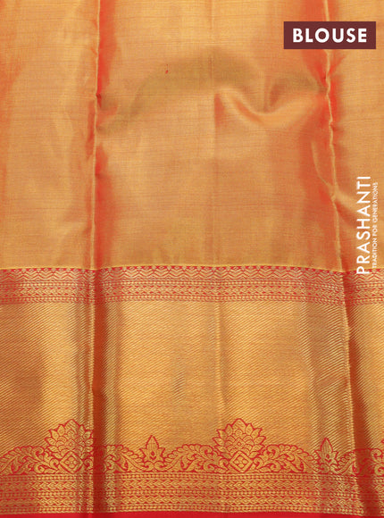 Pure kanchipuram tissue silk saree dual shade of gold and red with allover silver zari woven brocade weaves and long zari woven border