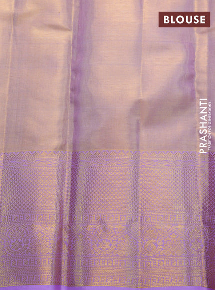 Pure kanchipuram tissue silk saree dual shade of gold and lavender shade with allover silver zari woven brocade weaves and long zari woven border