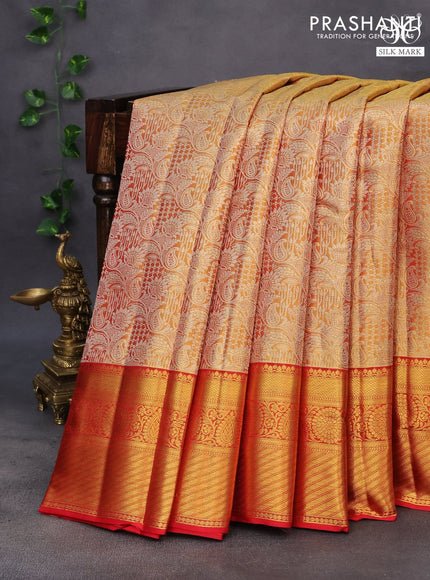 Pure kanchipuram tissue silk saree dual shade of gold and red with allover silver zari woven brocade weaves and zari woven border