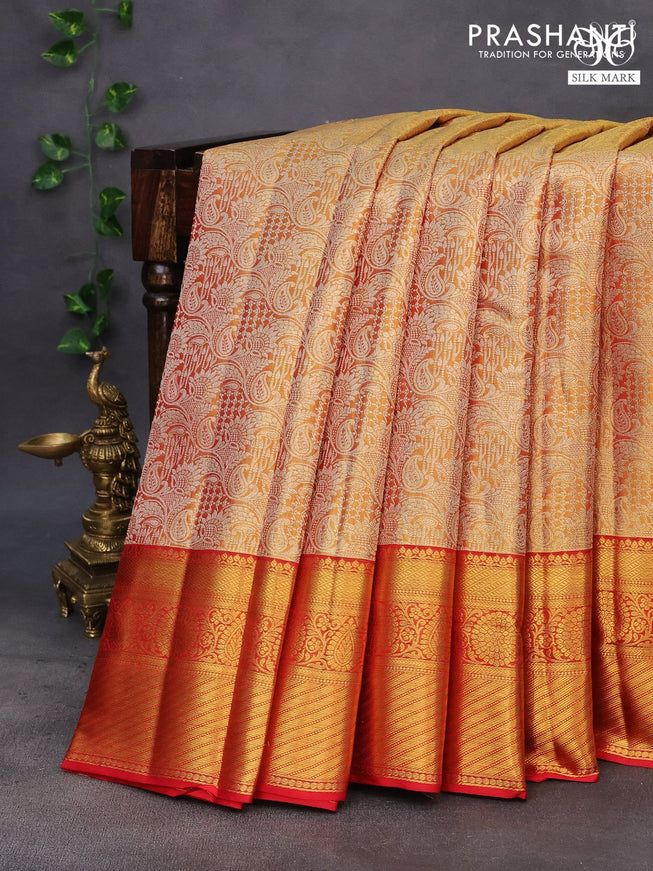 Pure kanchipuram tissue silk saree dual shade of gold and red with allover silver zari woven brocade weaves and zari woven border