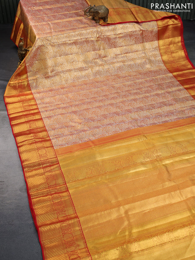 Pure kanchipuram tissue silk saree dual shade of gold and red with allover silver zari woven brocade weaves and zari woven border