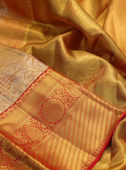 Pure kanchipuram tissue silk saree dual shade of gold and red with allover silver zari woven brocade weaves and zari woven border