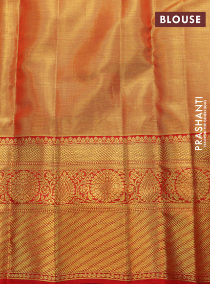 Pure kanchipuram tissue silk saree dual shade of gold and red with allover silver zari woven brocade weaves and zari woven border