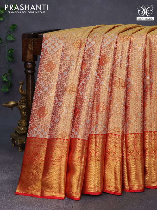 Pure kanchipuram tissue silk saree dual shade of gold and red with allover silver zari woven brocade weaves and rich zari woven border