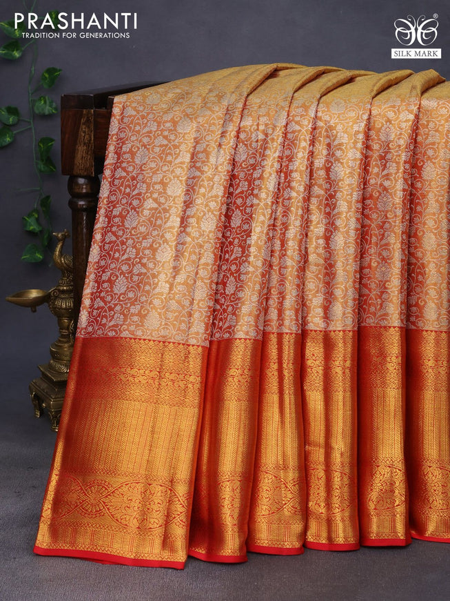 Pure kanchipuram tissue silk saree dual shade of reddish gold and red with allover silver zari woven brocade weaves and long rich zari woven border