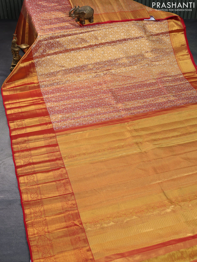 Pure kanchipuram tissue silk saree dual shade of reddish gold and red with allover silver zari woven brocade weaves and long rich zari woven border