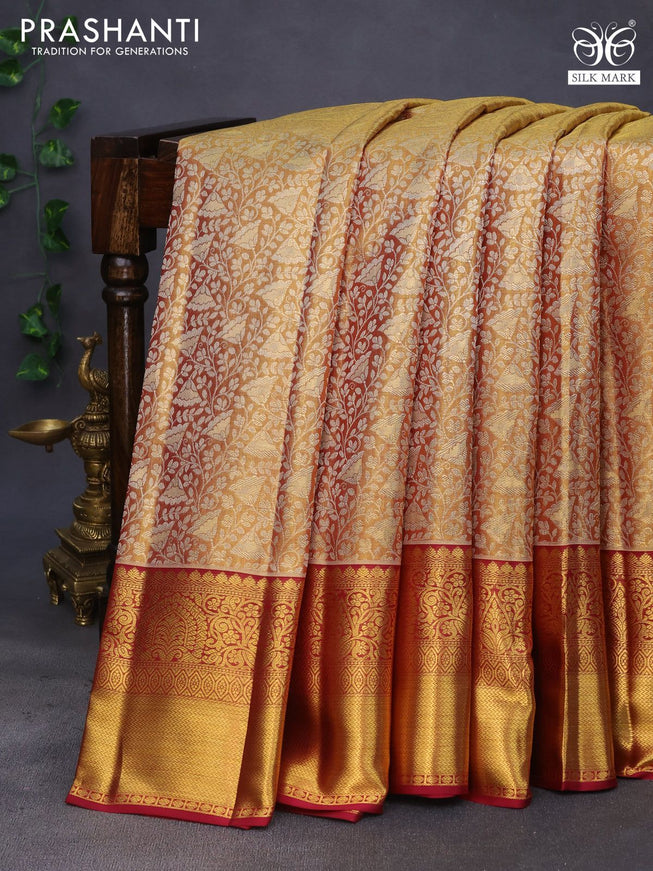 Pure kanchipuram tissue silk saree gold and maroon with allover silver zari woven brocade weaves and rich zari woven border