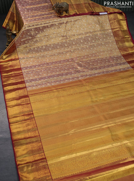 Pure kanchipuram tissue silk saree gold and maroon with allover silver zari woven brocade weaves and rich zari woven border