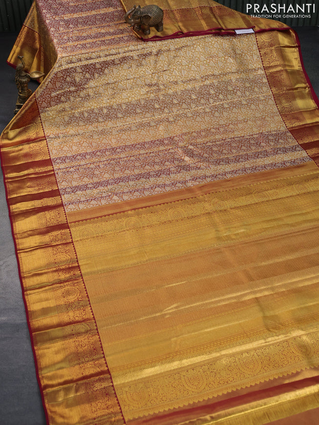 Pure kanchipuram tissue silk saree gold and maroon with allover silver zari woven brocade weaves and rich zari woven border