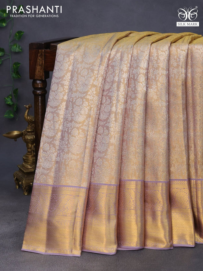 Pure kanchipuram tissue silk saree dual shade of gold and grey with allover silver zari woven brocade weaves and rich zari woven border