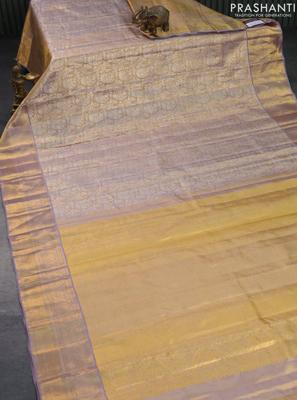 Pure kanchipuram tissue silk saree dual shade of gold and grey with allover silver zari woven brocade weaves and rich zari woven border