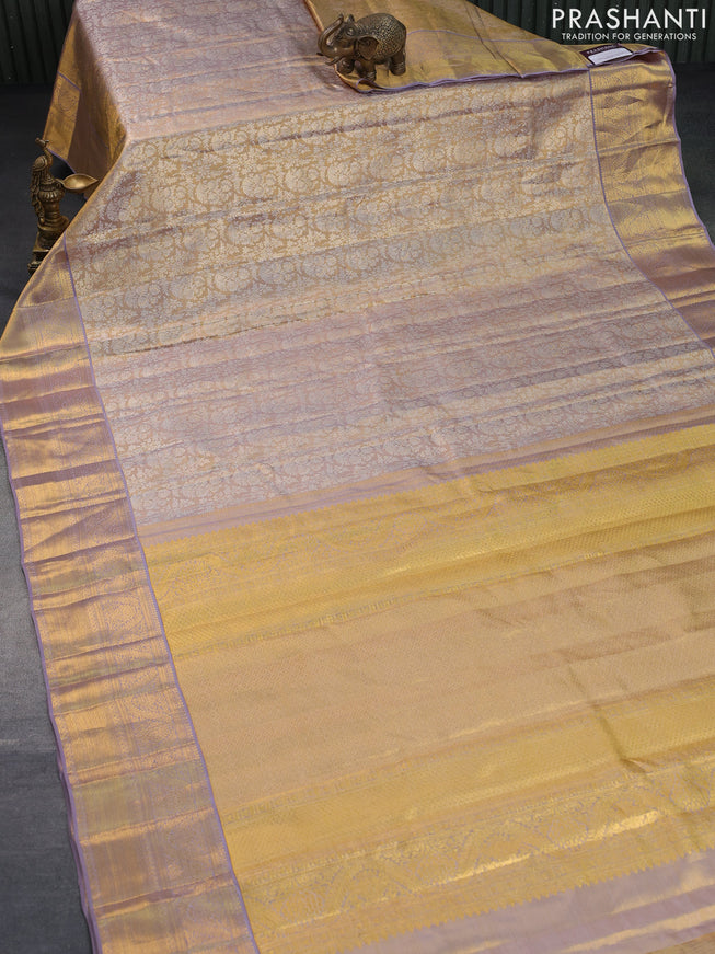 Pure kanchipuram tissue silk saree dual shade of gold and grey with allover silver zari woven brocade weaves and rich zari woven border