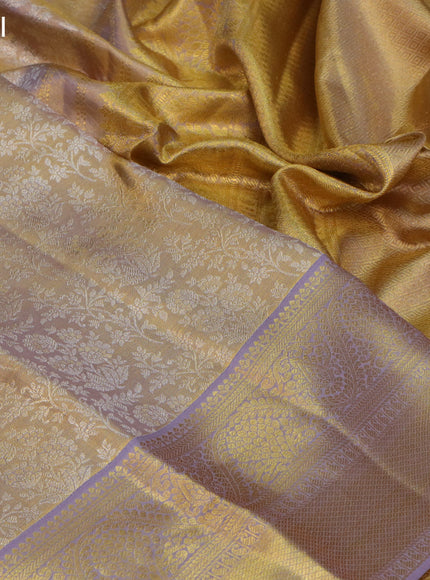 Pure kanchipuram tissue silk saree dual shade of gold and grey with allover silver zari woven brocade weaves and rich zari woven border