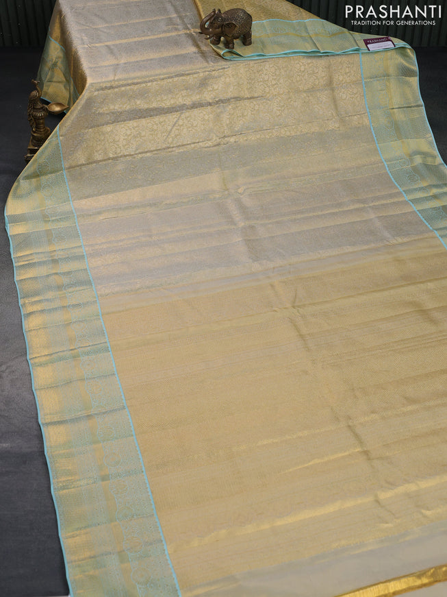 Pure kanchipuram tissue silk saree gold and light blue with allover silver zari woven brocade weaves and long rich zari woven border