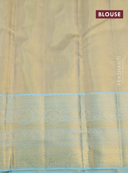 Pure kanchipuram tissue silk saree gold and light blue with allover silver zari woven brocade weaves and long rich zari woven border