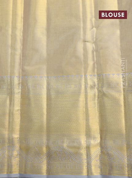 Pure kanchipuram tissue silk saree gold and grey with allover silver zari woven brocade weaves and long rich zari woven border