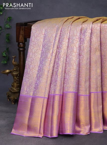 Pure kanchipuram tissue silk saree mild lavender and lavender with allover silver zari woven brocade weaves and long rich zari woven border